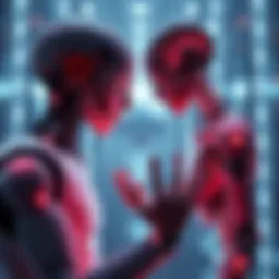 AI and Immortality Concept A futuristic depiction of artificial intelligence symbolized by a robot and a human reaching for each other, representing the quest for immortality through technology.